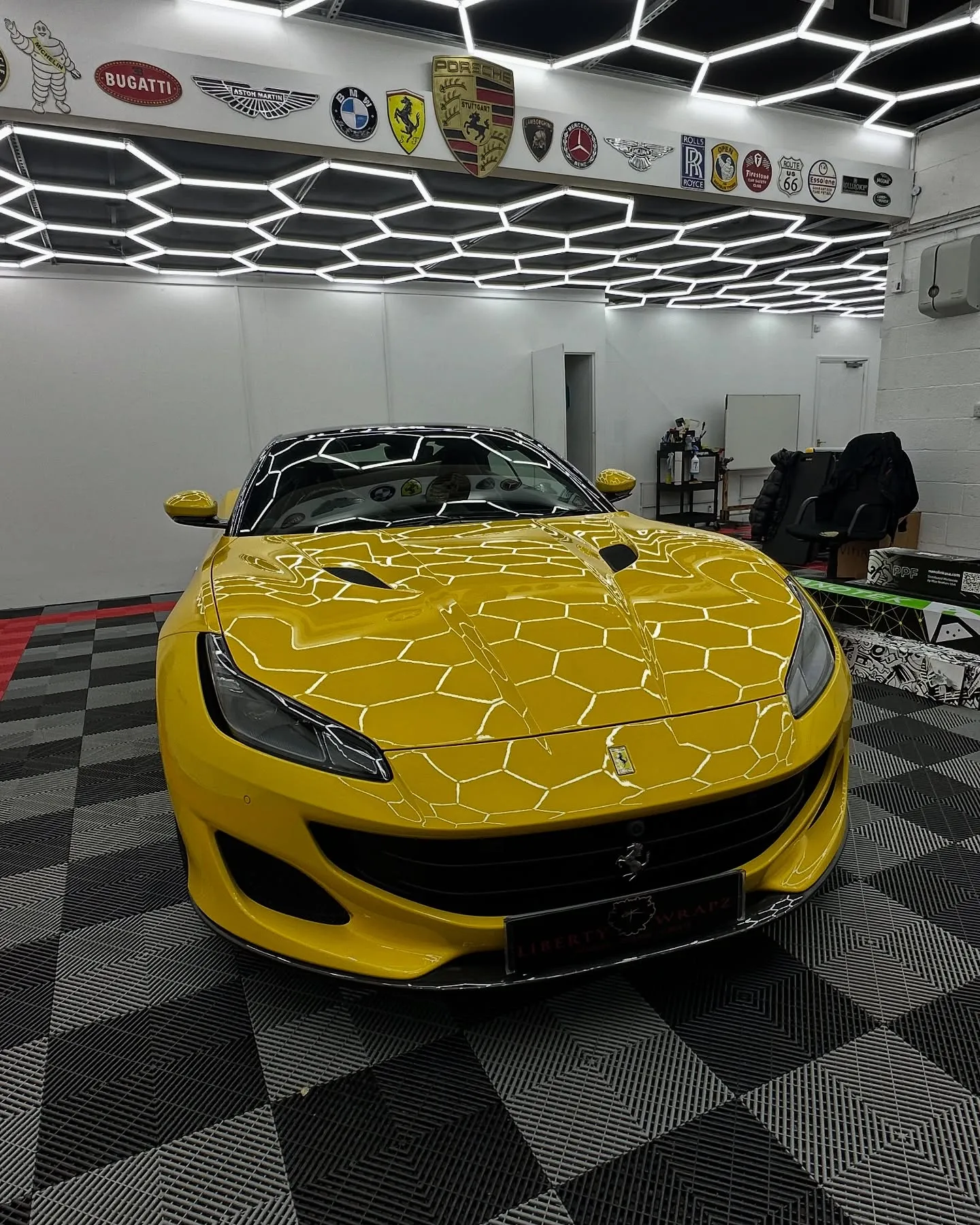 Front top view of yellow Ferrari